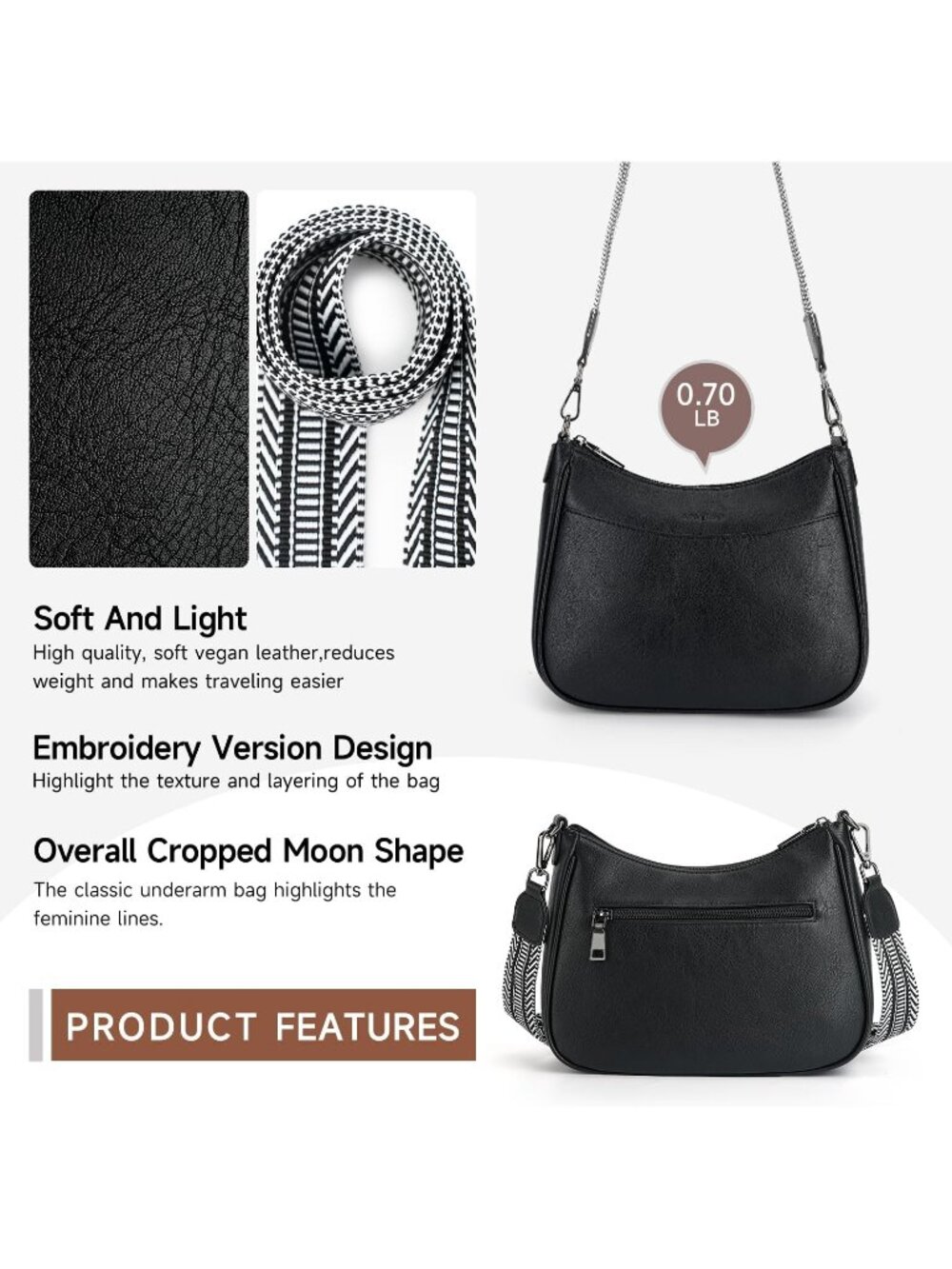 👜Women's Black Leather Crossbody Purse Shoulder Bag Wide Strap Travel - Picture 4 of 6